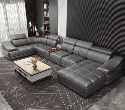 Simple modern leather sofa first layer cowhide living room large corner full set of light luxury leather sofa combination