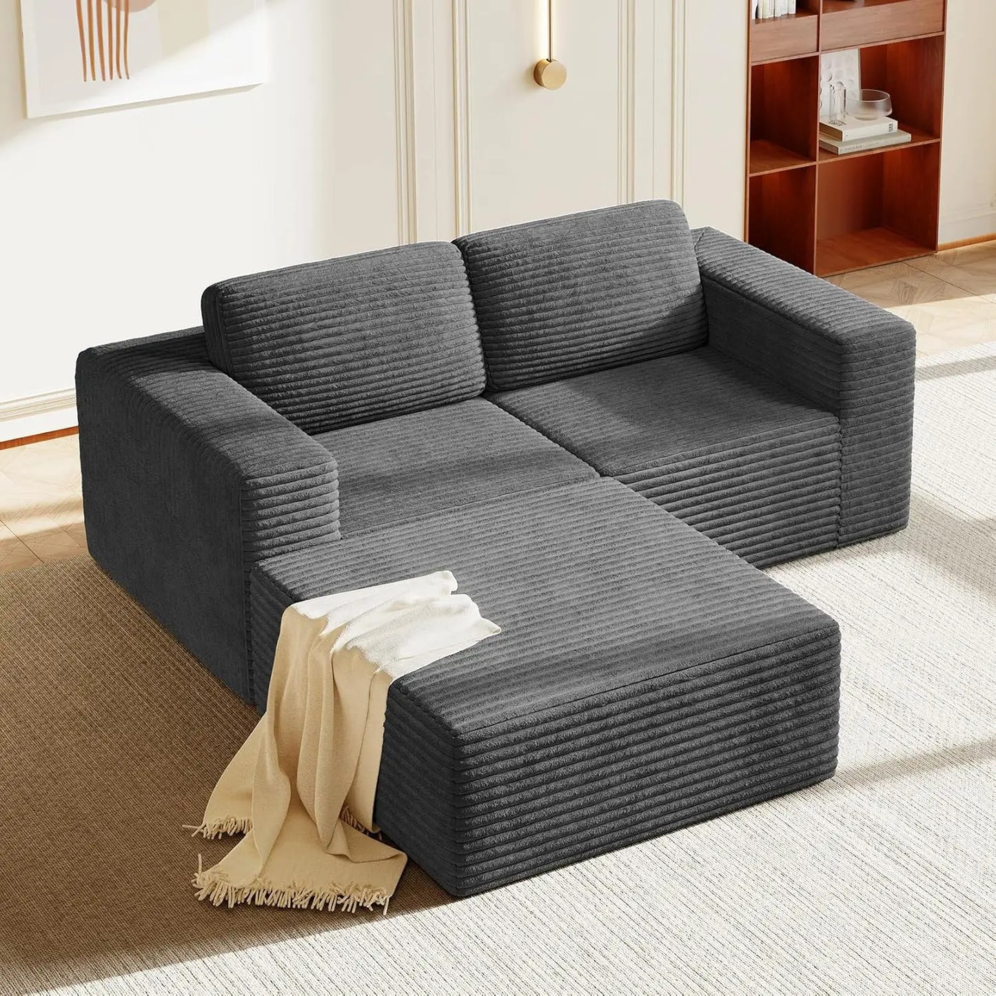 97" L-Shape Modular Sofa, 3-Seat Corduroy Couch with Movable Ottoman, Sectional Sofa for Living Room, Green, Customized