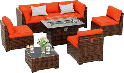 8 Pieces Outdoor Furniture Sectional Rattan Sofa with Fire Pit Table, Patio Couch with Glass Coffee Table for Backyard Garden