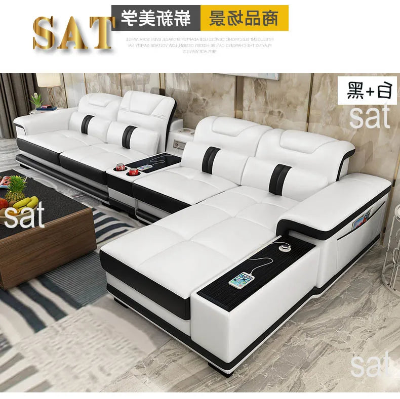 for Modern Living Room Sofas L Shape Corner Italian Genuine Leather Couch with Speake,Radio,USB, Bluetooth, Cup Holder