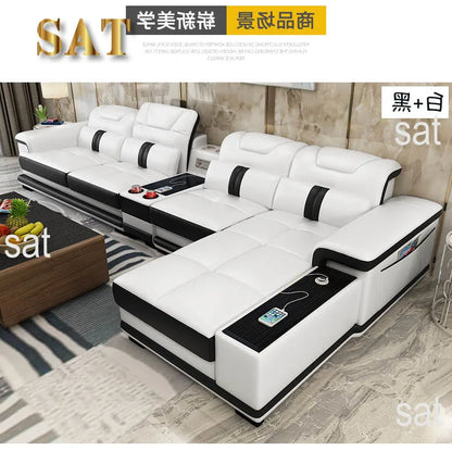 for Modern Living Room Sofas L Shape Corner Italian Genuine Leather Couch with Speake,Radio,USB, Bluetooth, Cup Holder