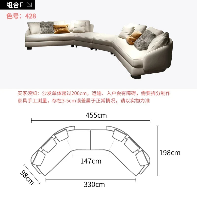 Designer Curved Leather Sofa Italian Cowhide Light Luxury Brands High-End