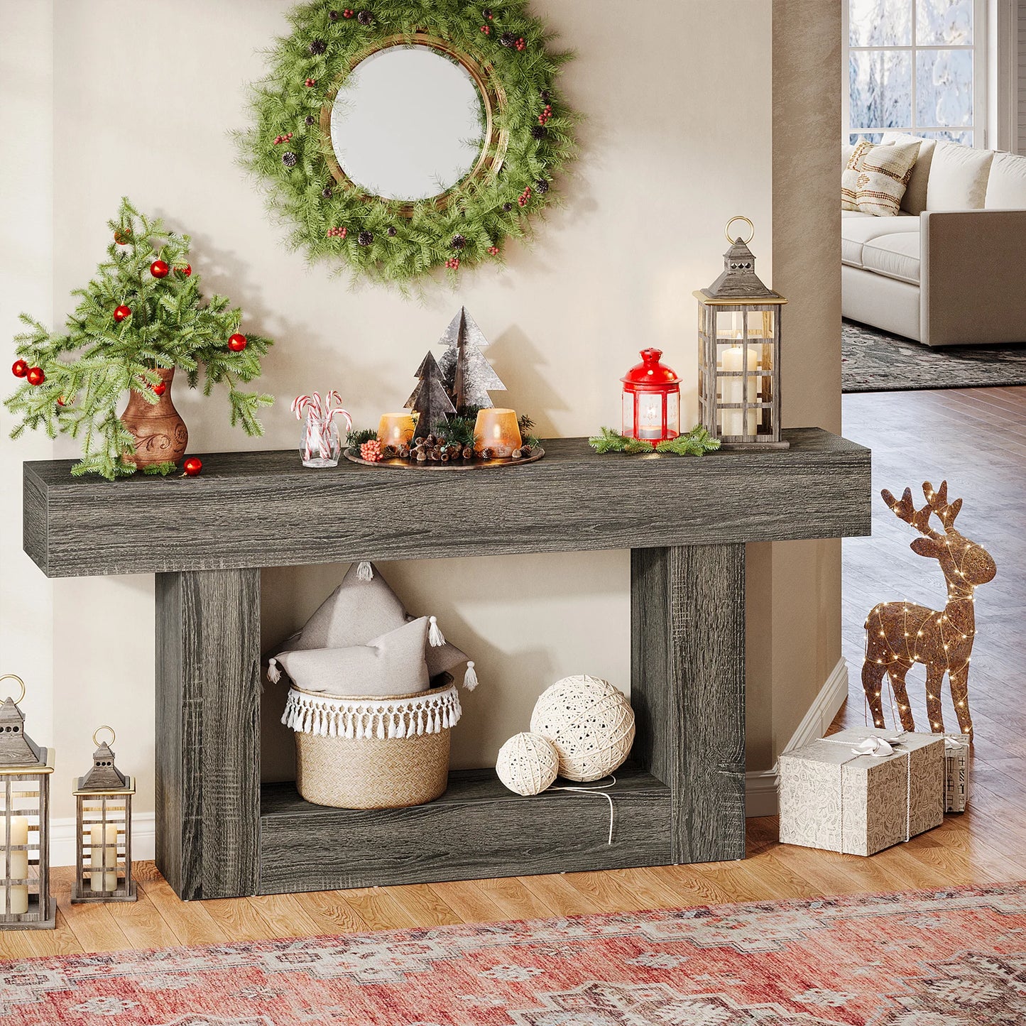 Rustic 2-Tier 63 Console Table with Storage for Entryway, Living Room, and Hallway in Brown & Gray