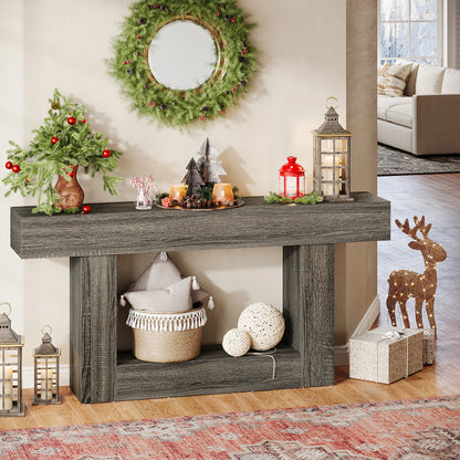 Rustic 2-Tier 63 Console Table with Storage for Entryway, Living Room, and Hallway in Brown & Gray