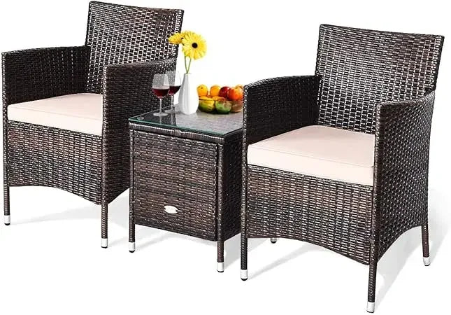 3 Piece Patio Set Wicker Rattan Furniture Set Outdoor Rattan Conversation Set with Coffee Table Chairs & Thick Cushio
