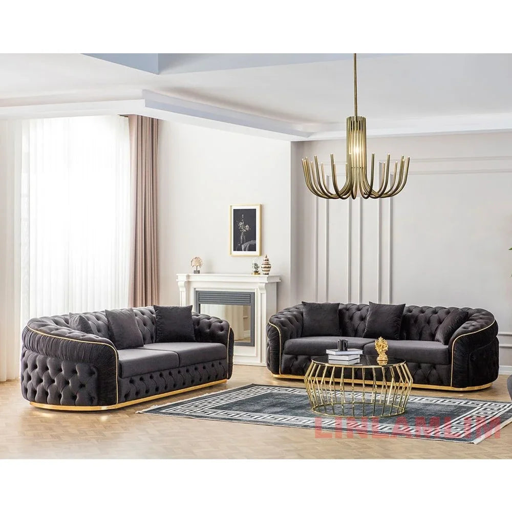 Luxury Chesterfield Sectional Sofa Set With Cloth Buttons And Fabric Modular Couch With Gold Stainless Steel Base, 3-seater