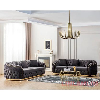 Luxury Chesterfield Sectional Sofa Set With Cloth Buttons And Fabric Modular Couch With Gold Stainless Steel Base, 3-seater