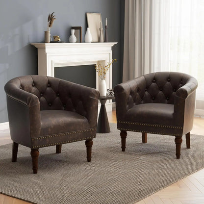 Faux Leather Swivel Barrel Accent Chairs Set of 2, Upholstered Armchair Club Chair for Living Room, Round Comfy Single Sofa Bedr