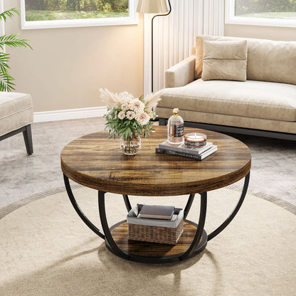 Tribesigns 31.7" Round Coffee Table, Industrial 2-Tier Circle Coffee Table with Storage Shelves, Modern Wooden Sofa Side Table