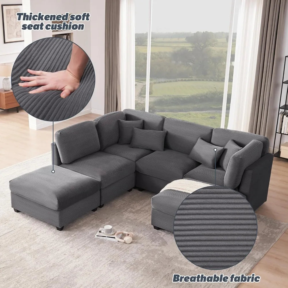 125-inch Extra-large Corduroy Modular Sofa, U-shaped Modular Sofa with Storage Space, 6-seat Convertible Corduroy Sofa