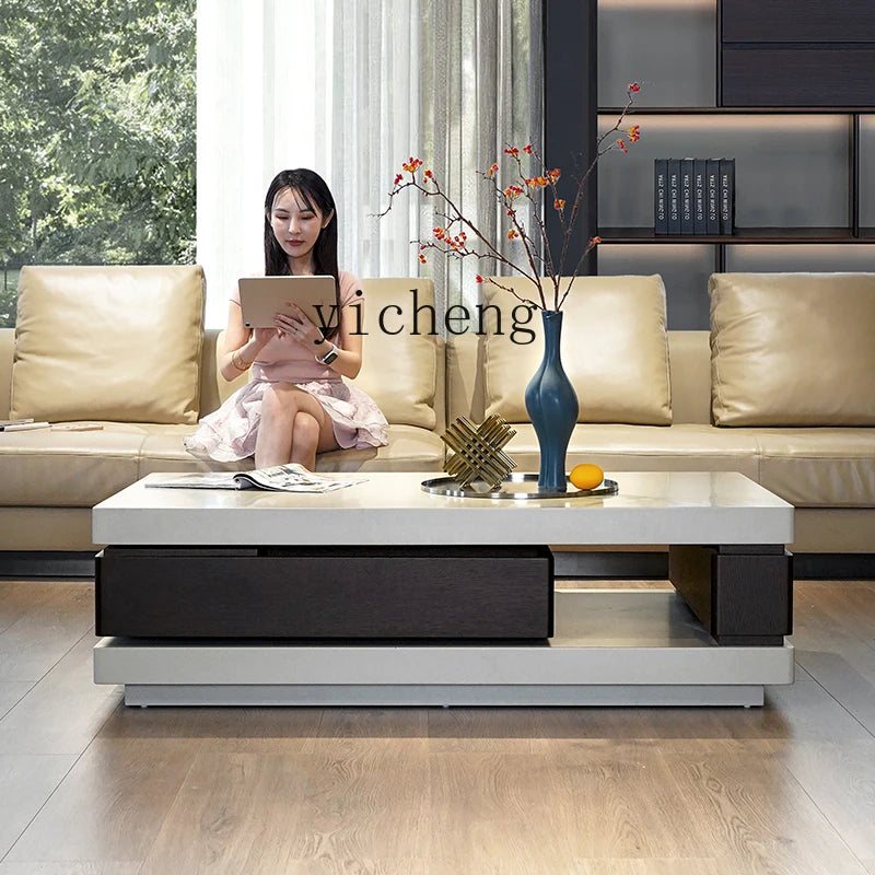 TQQ minimalist light luxury villa coffee table smoked wood color baking paint rotating storage modern simplicity