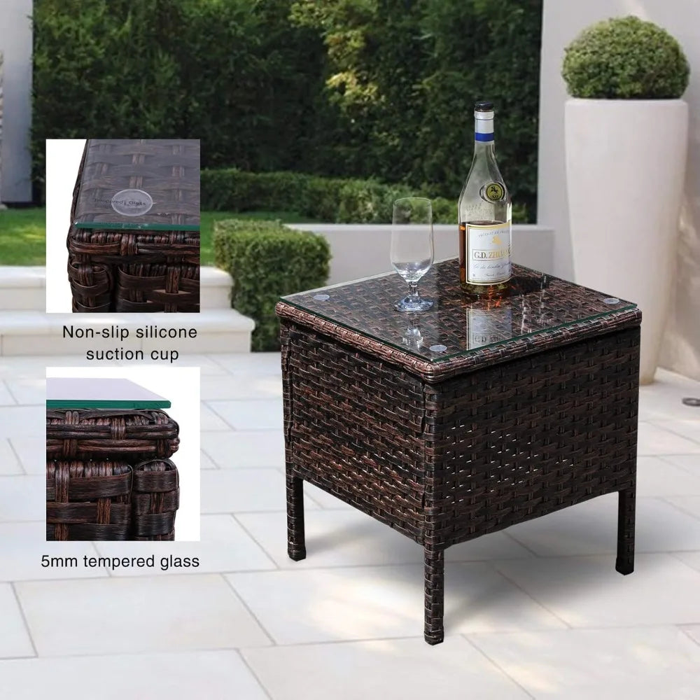 3 Piece Outdoor Rattan Patio Porch Furniture Sets,Wicker Chairs with Table,Garden Lawn Pool,Brown