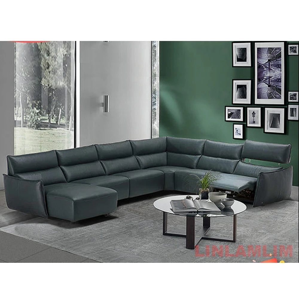 QY Dual Motor Power Reclining Genuine Leather Sectional Sofa with Adjustable Headrests, L-Shaped Corner Couch with Chaise Lounge
