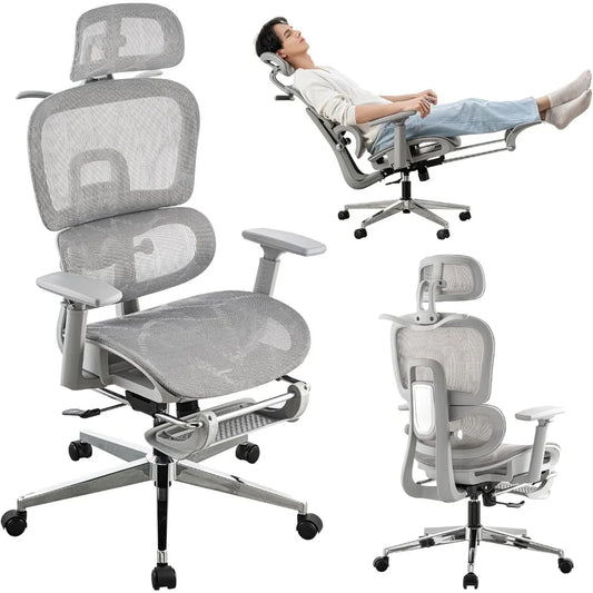 Adjustable Ergonomic Mesh Office Chair, Breathable High Back Computer Desk Chair with 6D Lumbar Support & Retractable Footrest