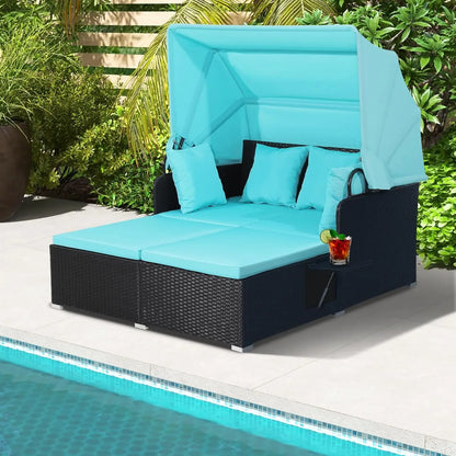 Outdoor Daybed, 2-Person Wicker Patio Sofa with Retractable Canopy, Cushions & Pillows, 2 Side Trays, PE Rattan Double, Custom