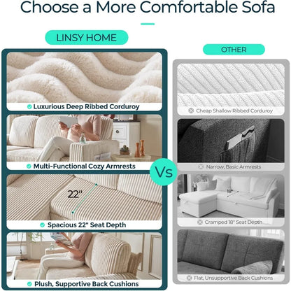 Convertible Plush Corduroy Cloud Couch with Storage Chaise & USB Charging