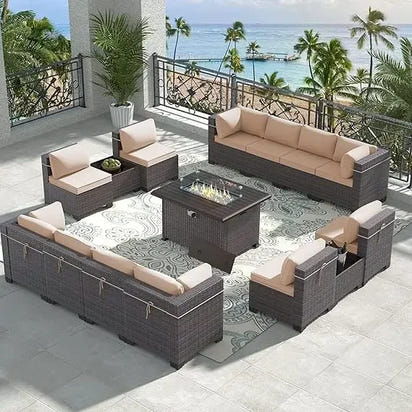 Outdoor Patio Furniture with Propane Fire Pit Table Sectional Sofa Conversation Sets w/ETL Approved