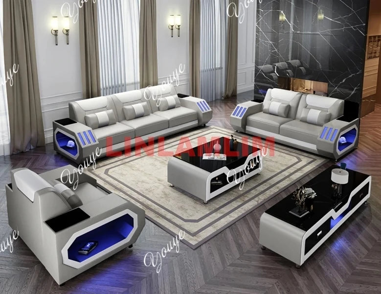 Futuristic LED Italian Genuine Leather Sofa Set – Modern Sectional Couch with Illuminated Arm Storage and High-Density Cushions