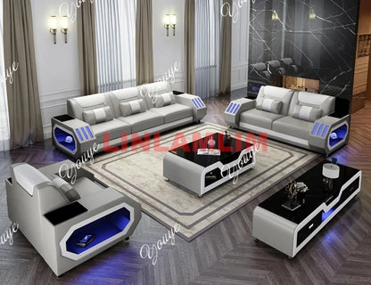 Futuristic LED Italian Genuine Leather Sofa Set – Modern Sectional Couch with Illuminated Arm Storage and High-Density Cushions