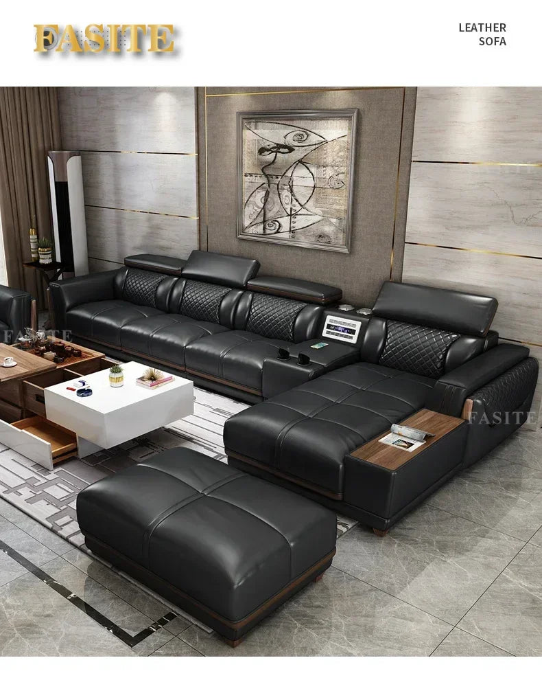 Italian leather sofa set, living room furniture, leather sofa with air purifier and Bluetooth speaker, Modernos Para Sala large