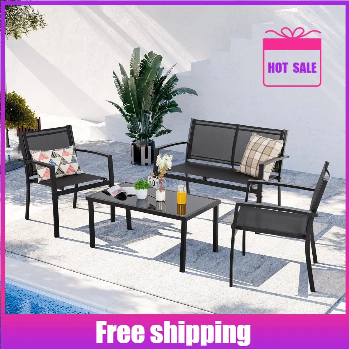 Curated Design 4 Pieces Patio Furniture Set All Weather Textile Fabric Outdoor Conversation Set, with Glass Coffee Table, Lov