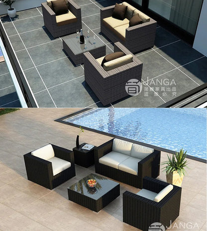 Outdoor courtyard, office building, reception area, sales center, round sofa, outdoor rattan chair, negotiation of large