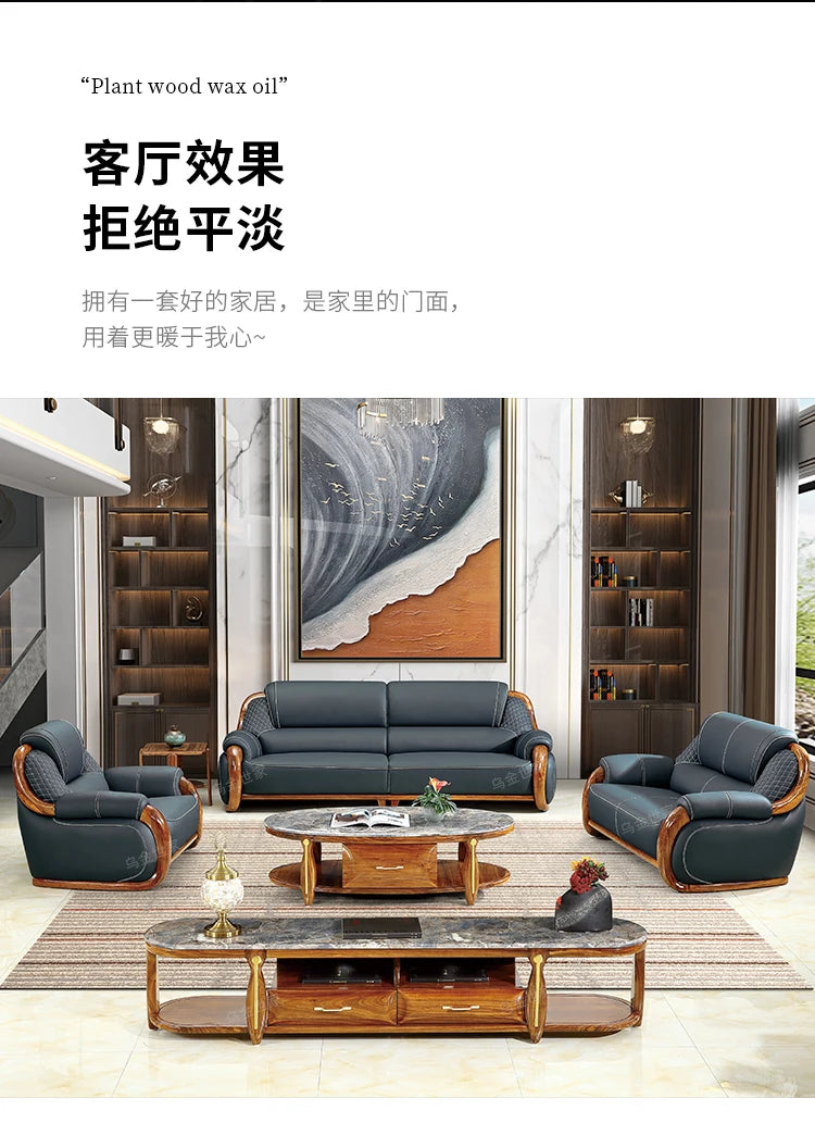FY Ebony Wood Genuine Leather Sofa Solid Wood Sofa Living Room New Model