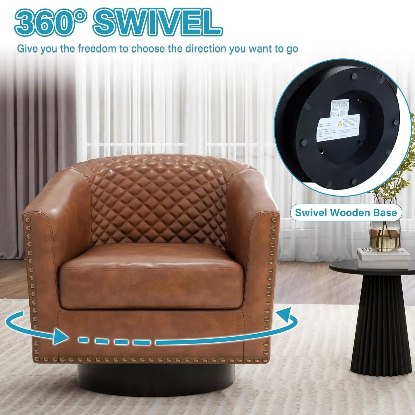 Faux Leather Swivel Barrel Accent Chairs Set of 2, Upholstered Armchair Club Chair for Living Room, Round Comfy Single Sofa Bedr