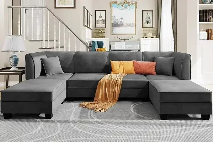 u-shaped velvet sectional sofa with reversible chaise for 6 people, 116" large living room furniture