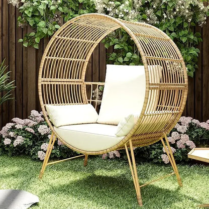Outdoor Egg Chair, Oversized Wicker Patio Chairs with 6.69'' Cushions, 350LBS Capacity, Indoor Round Rattan Nest Chair with Sta