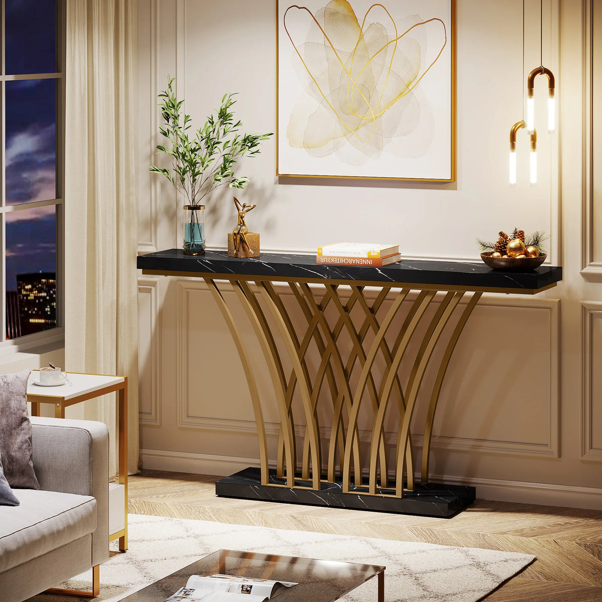 Tribesigns 59 inch Gold Console Table, Modern Entryway Table with Grid-Shaped Metal Base for Entrance, Hallway, Entryway