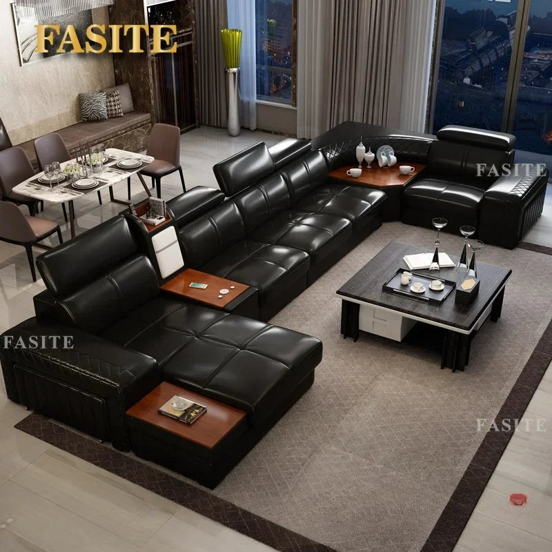 Italian Leather Couch With Heating Seat Cold Fridge Genuine Leather Sofa With Headrests USB, Stools And Storage Easy to clean