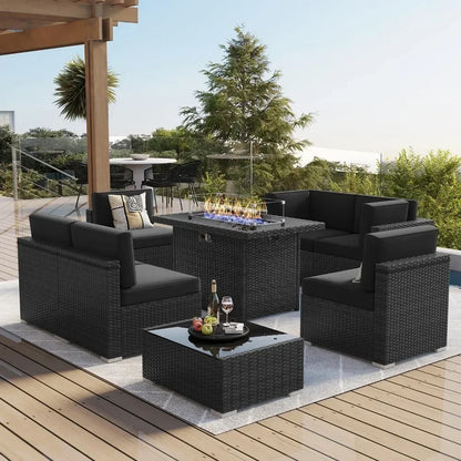 Furniture Set with 44" Propane Gas Fire Pit Table, Outdoor Sectional Conversation Set Wicker Rattan Sofa Set with Coffee Table