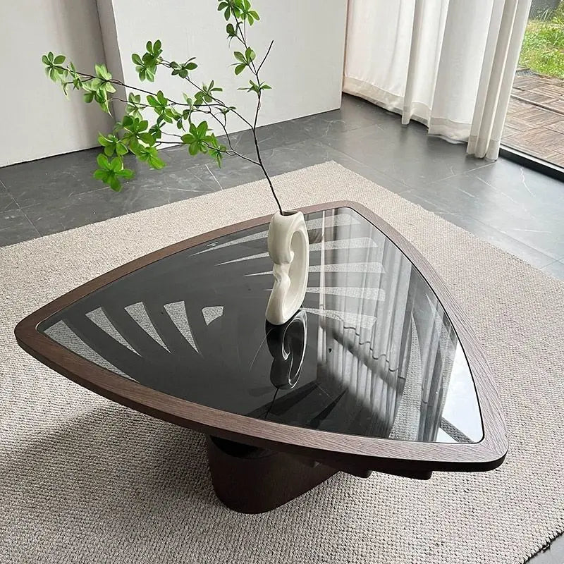 Table basse en verre de Style moderne, forme triangulaire, cadre en bois, Table à thé pour le salon
