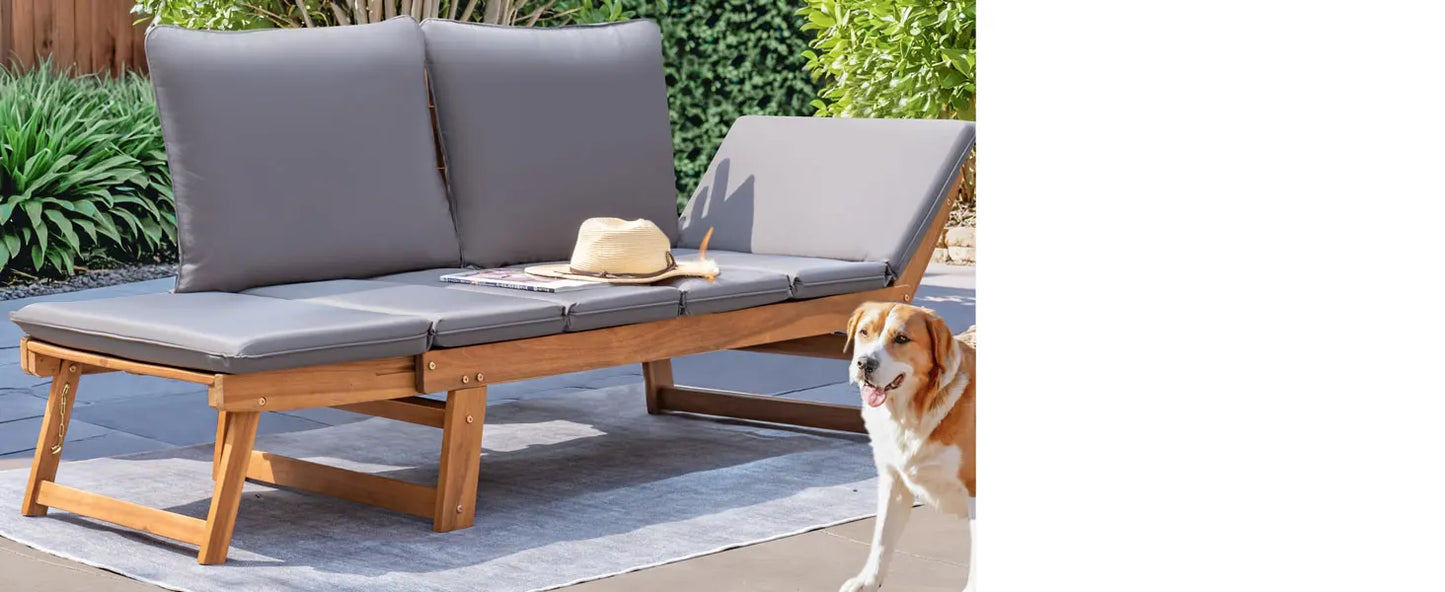 Devoko Outdoor Couch Acacia Wood Patio Couch with Adjustable Armrests Outdoor Convertible Sofa with Removable Cushions & Pillows
