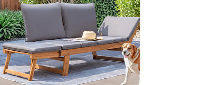 Devoko Outdoor Couch Acacia Wood Patio Couch with Adjustable Armrests Outdoor Convertible Sofa with Removable Cushions & Pillows