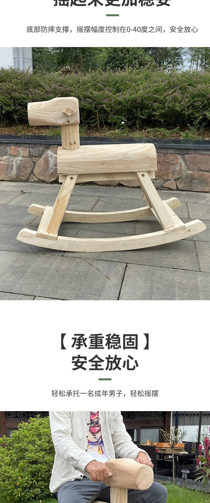Anti-corrosive solid wood rocking horse carbonized wood rocking chair adult decoration kindergarten outdoor toy Trojan horse