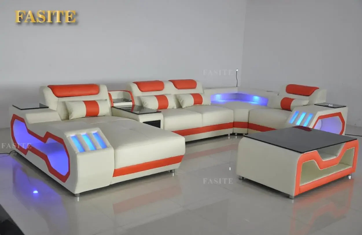 Modern Living Room Sofa Set Genuine Leather Sofas with USB Music Speaker