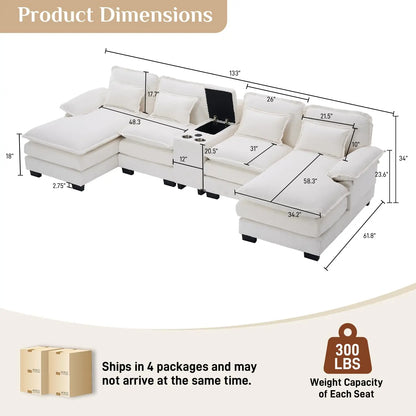 U Shaped Sectional Sofa 133" Modular Fluffy Chenille Double Chaise Lounge Central Console USB Port Living Room White Customized