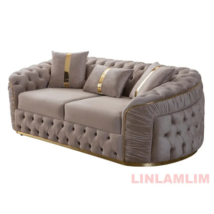 Luxury Chesterfield Sectional Sofa Set With Cloth Buttons And Fabric Modular Couch With Gold Stainless Steel Base, 3-seater