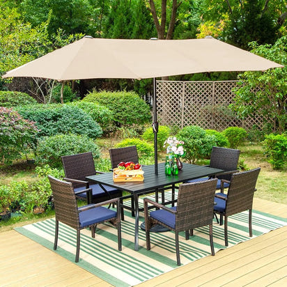 Sophia & William 8 Pieces Patio Dining Set with 13 Ft Beige Double-Sided Twin Umbrella, Outdoor Rattan Chairs & Metal Table Set