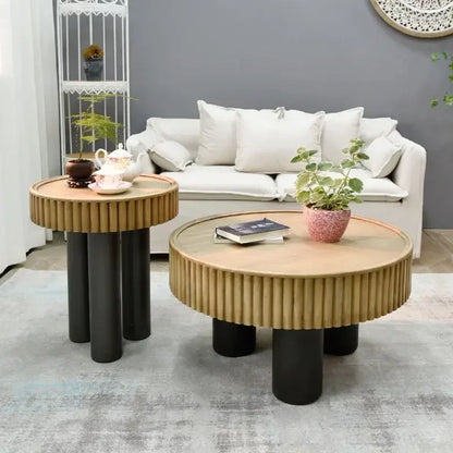 New arrivals pastoral style living room furniture rustic round wood carved coffee table with 3 legs