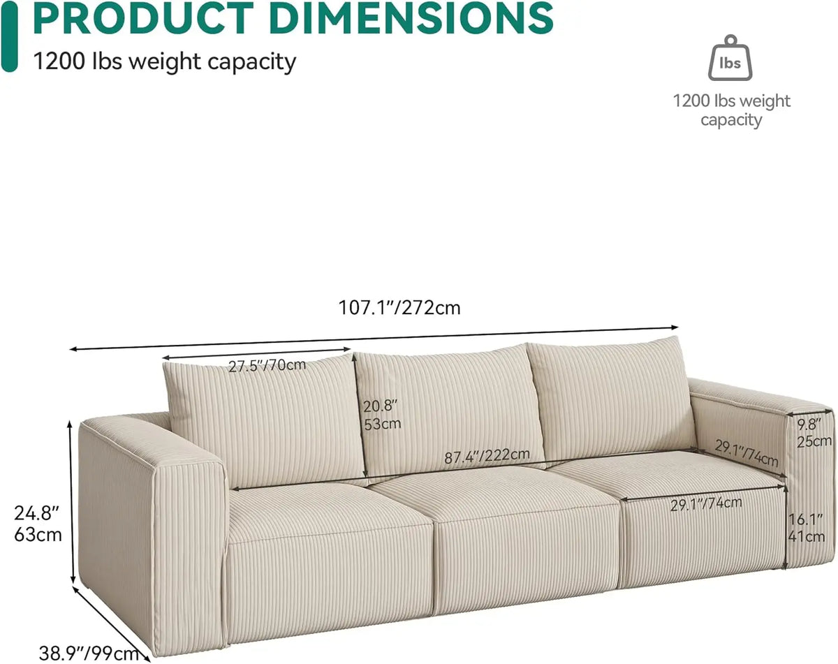 Luxurious 3-Seat Deep Modular Sectional Sofa with Cloud Comfort and 3 Pillows in Corduroy for Living Spaces and Apartments