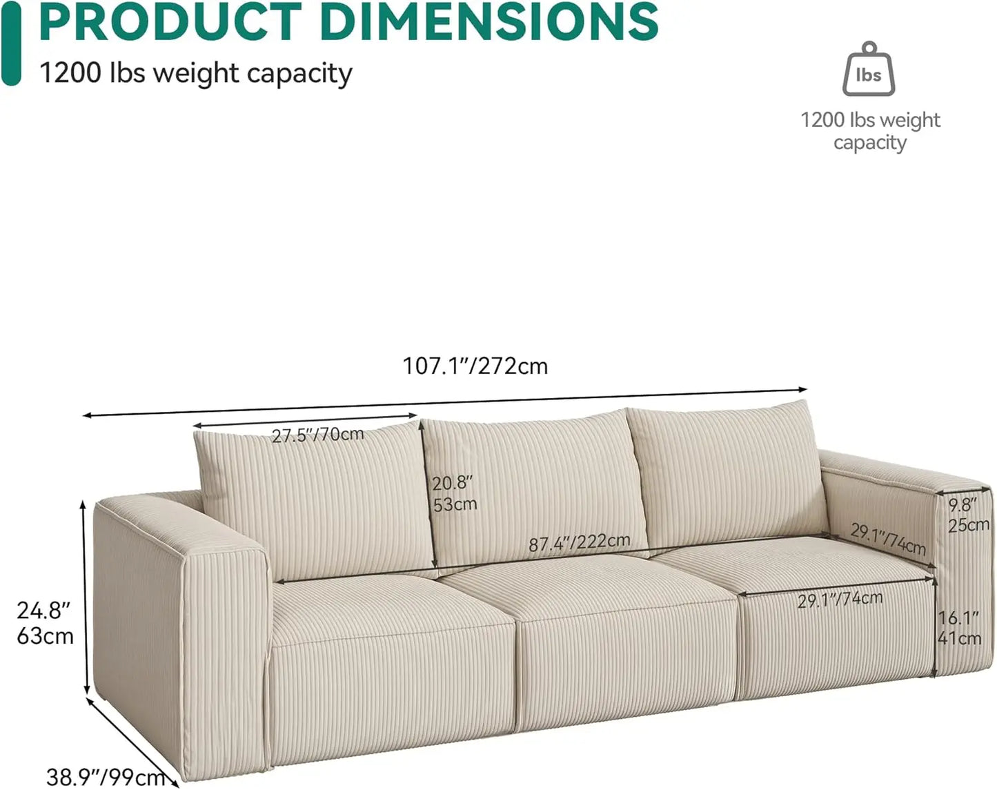 Luxurious 3-Seat Deep Modular Sectional Sofa with Cloud Comfort and 3 Pillows in Corduroy for Living Spaces and Apartments