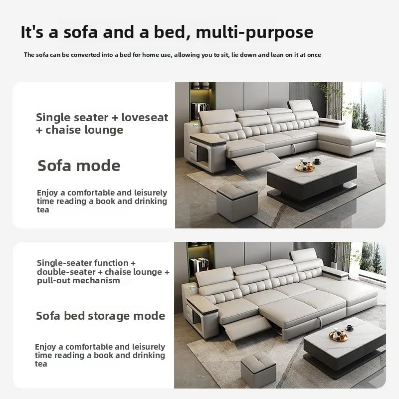Electric function, leather sofa bed, first layer cowhide, small apartment, living room, modern, simple