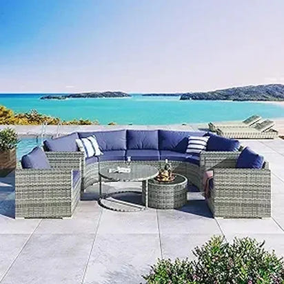 8-Piece Outdoor Wicker Patio Furniture Set with Rectangular Glass Coffee Table for Backyard Conversation