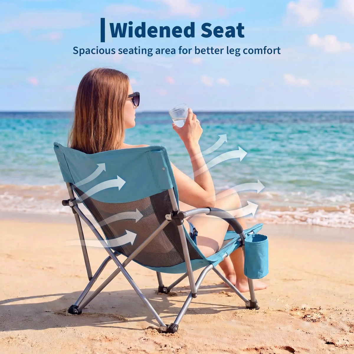 2 Pack Low Beach Chairs Folding Portable Camping Chair Heavy Duty Wide Seat With Cup Holder Carry Bag For Outdoor Sand Travel