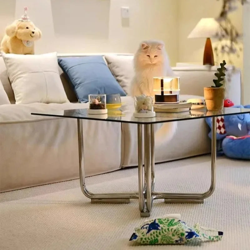 Retro Glass Coffee Table, Square Mid-Century Accent Table, Living Room Home Decor Furniture Side Tables