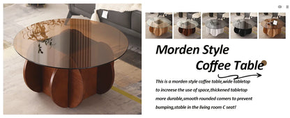 Table basse ronde moderne, plateau en verre de 31.5 pouces, pieds en bois massif, Table centrale de salon rustique