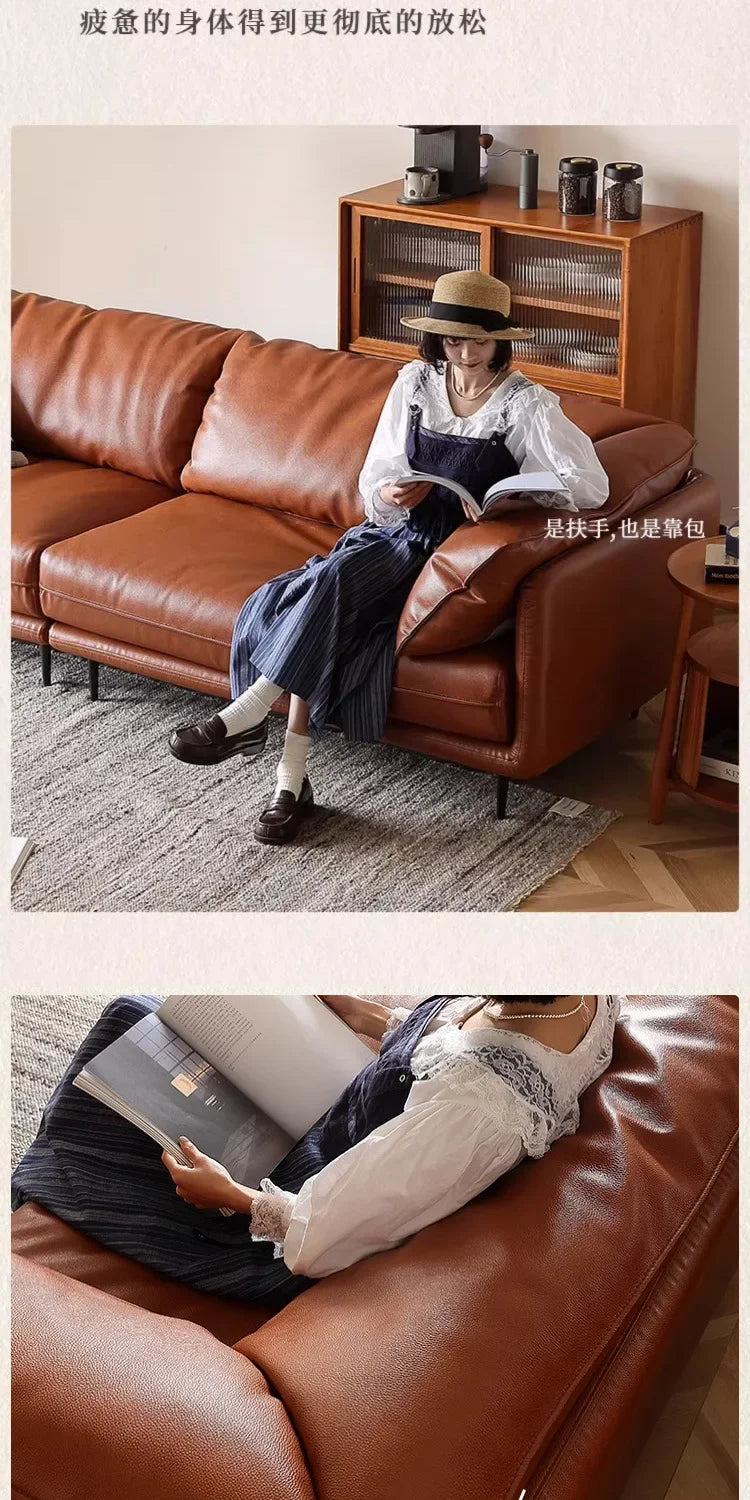 Retro oil wax leather sofa down large living room Nordic simple medium and ancient style straight row leather art sofa